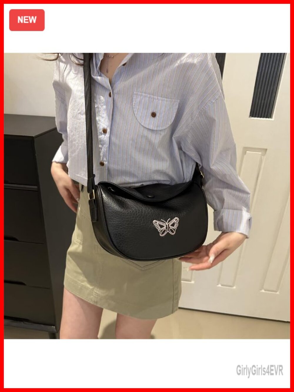 PU Butterfly Embroidery Saddle Crossbody Bag Adjustable Strap Snap Flap Women
